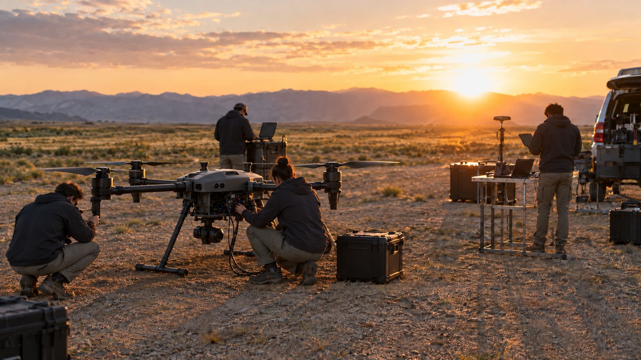 Engineers preparing an aircraft for a field test at golden hour, candid and wide