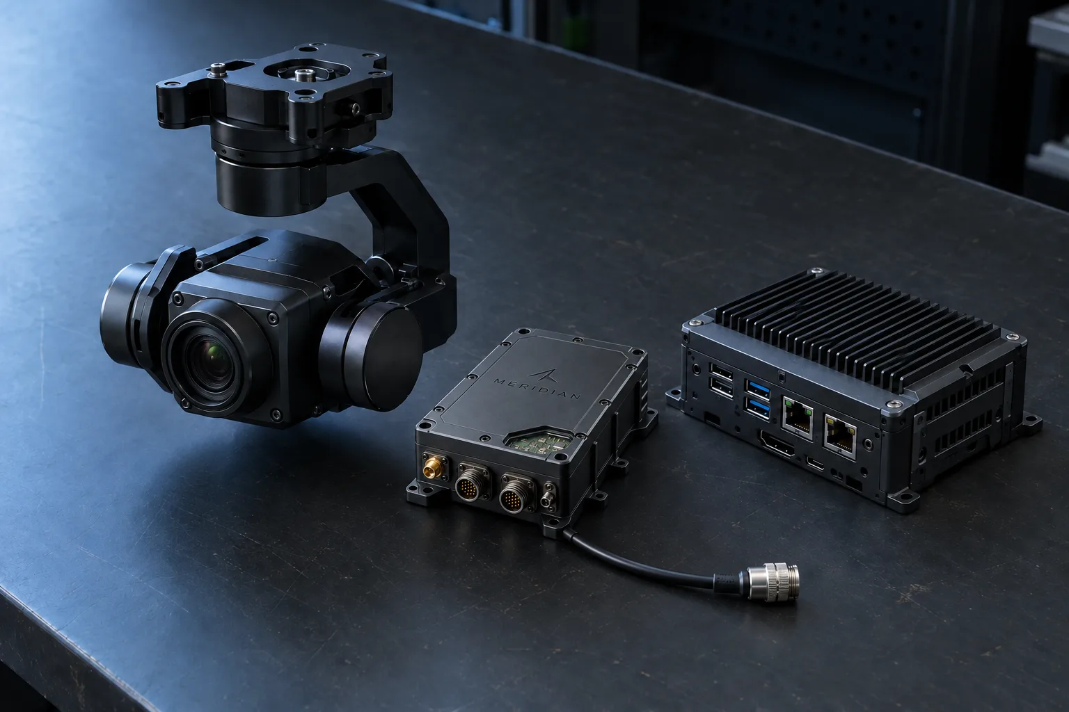 A gimbal, a GNSS module and an onboard computer laid out together on a dark bench, cool side light