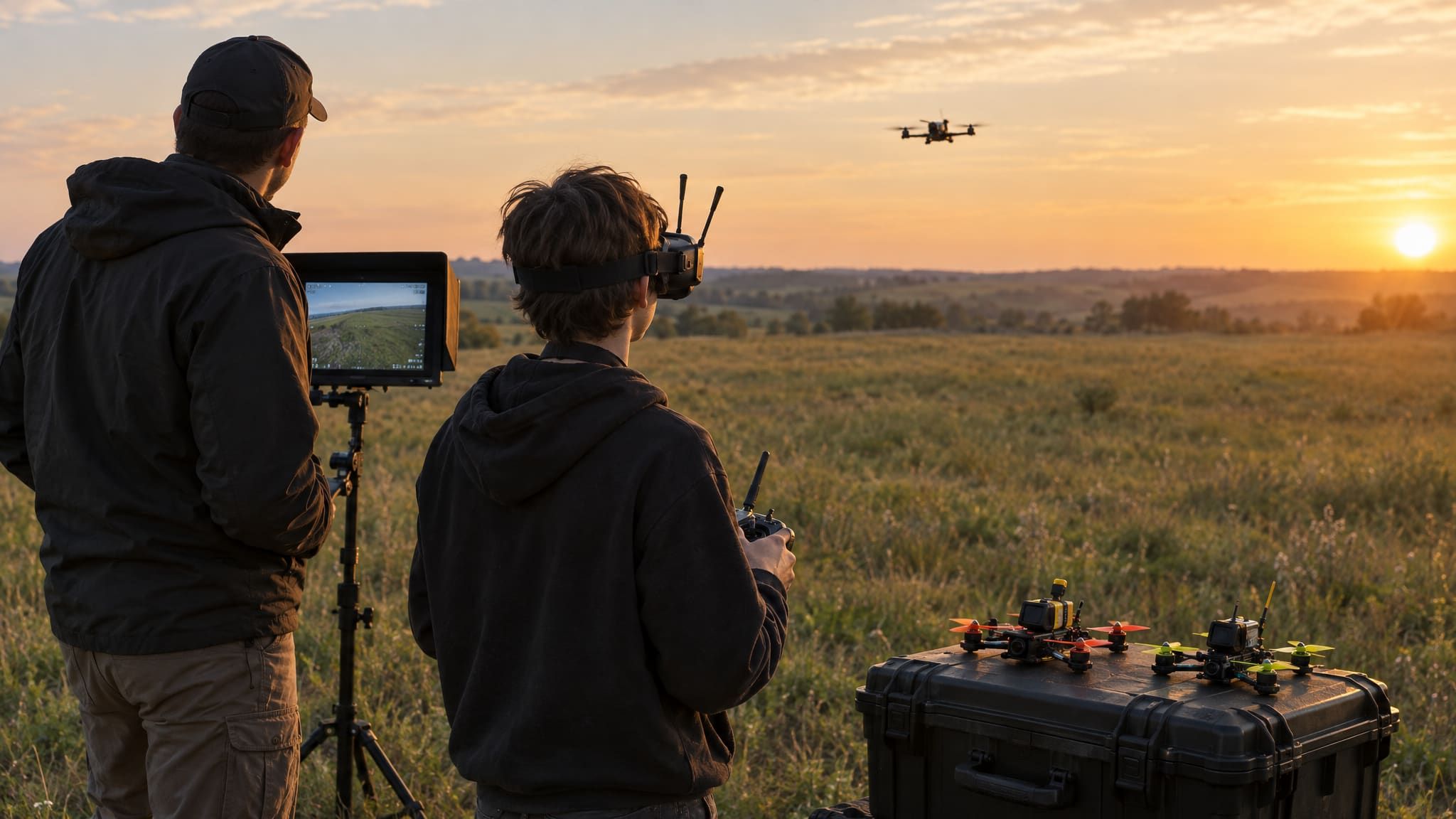 A trainee flying FPV with goggles on, an instructor beside them, training quadrotors on a table, candid